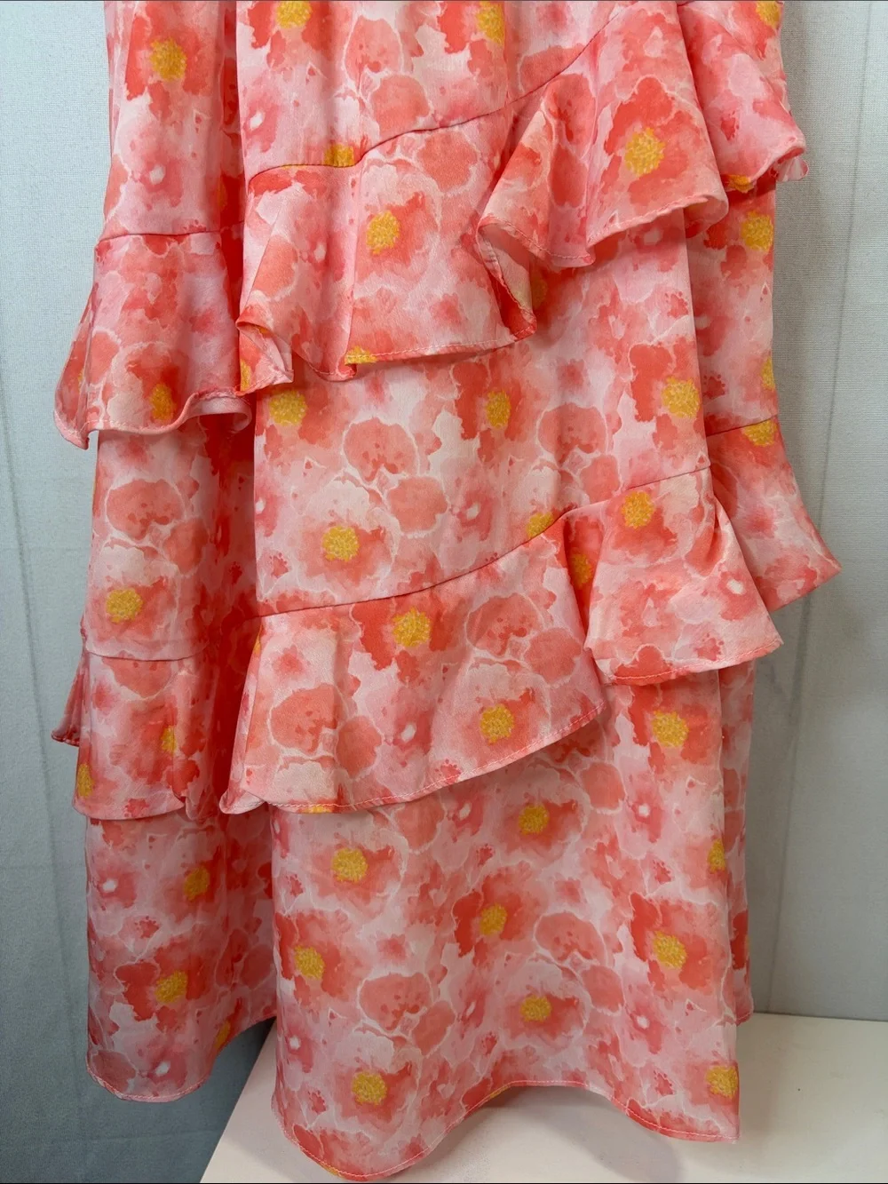 Grace Karin Coral Pink & Yellow Floral Ruffle Summer Dress Girls 8 NWOT